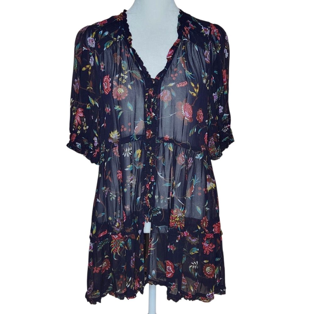 Anthropologie Salzburg Sheer Floral Tunic Boho Fairycore Puff Sleeve Blouse M - Picture 2 of 14
